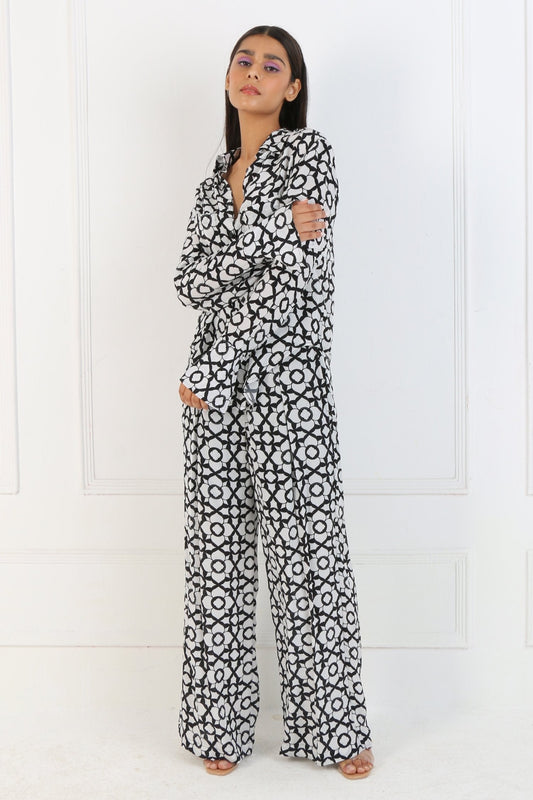 Black Italian Crepe Modal Floral Print Shirt And Pant Set