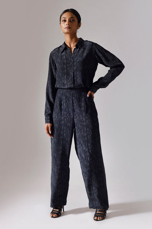 Black Crepe Printed Shirt And Pant Set