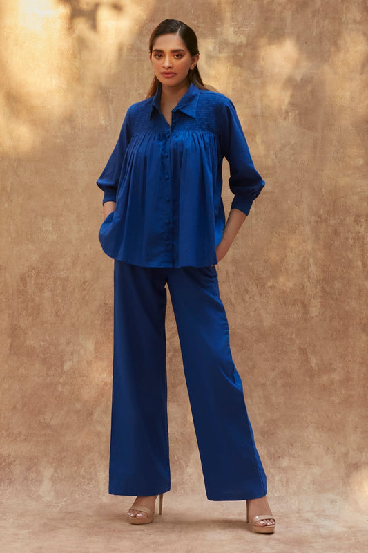 Blue Cotton Linen Plain Collared Neck Midnight Shirt And Pant Set