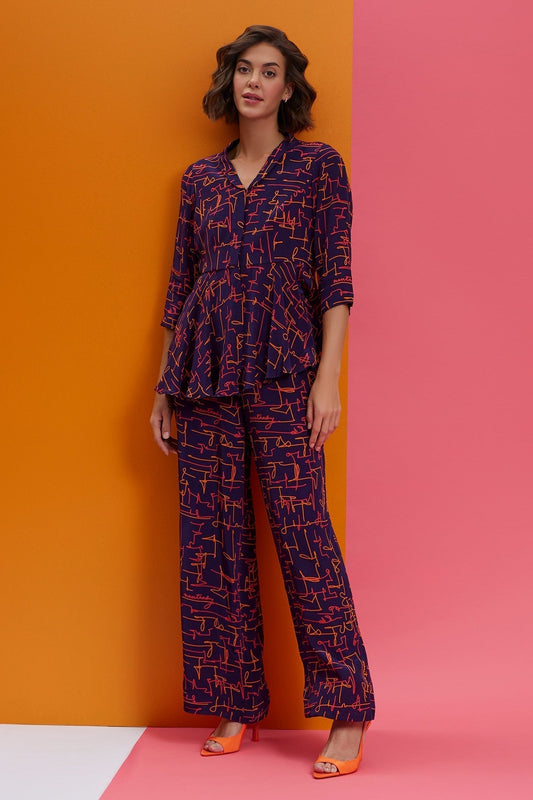 Blue Natural Crepe Printed Abstract Peter Your Loss Peplum Top And Set For Women