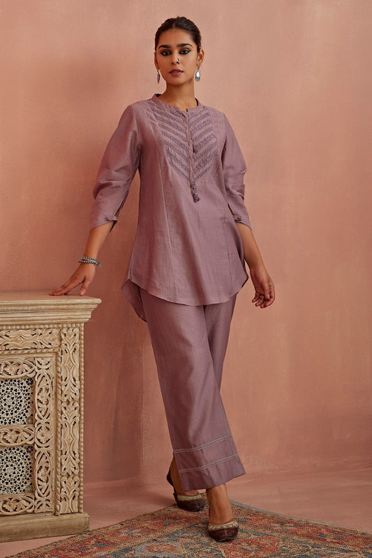 Purple Chanderi Embroidered Thread Band Collar Yoke Top And Pant Set