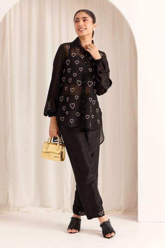 Black Organza Embellished Bead Stand Collar High-low Shirt With Pant