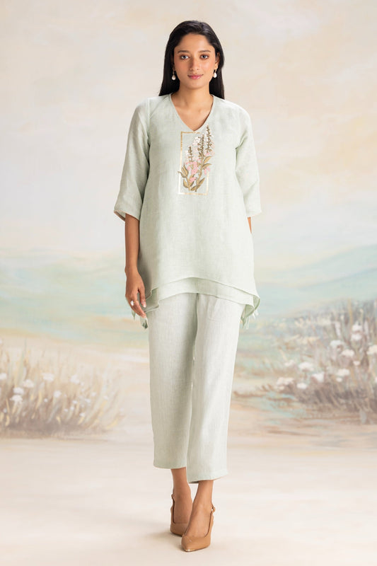 Green V-neck Floral Embroidered Top And Pant Set