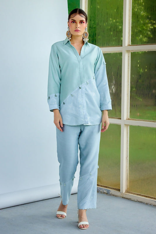 Blue Pure Silk Chanderi Renne Solid Shirt And Pant Set
