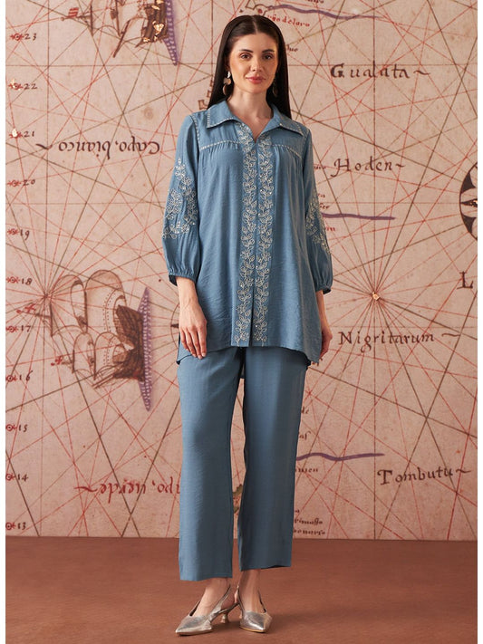 Navy Embroidered Rayon Co-Ord And Pant (Set of 2)