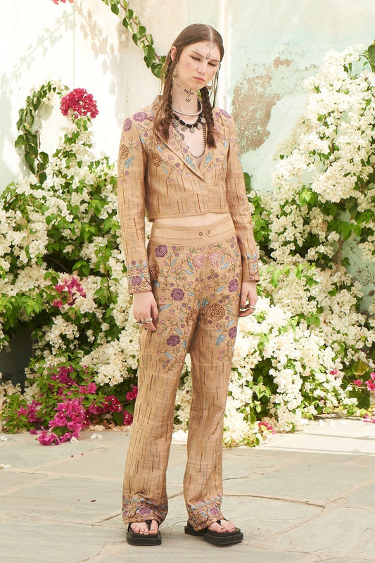 Beige Raw Silk Cropped Blazer And Pant Set